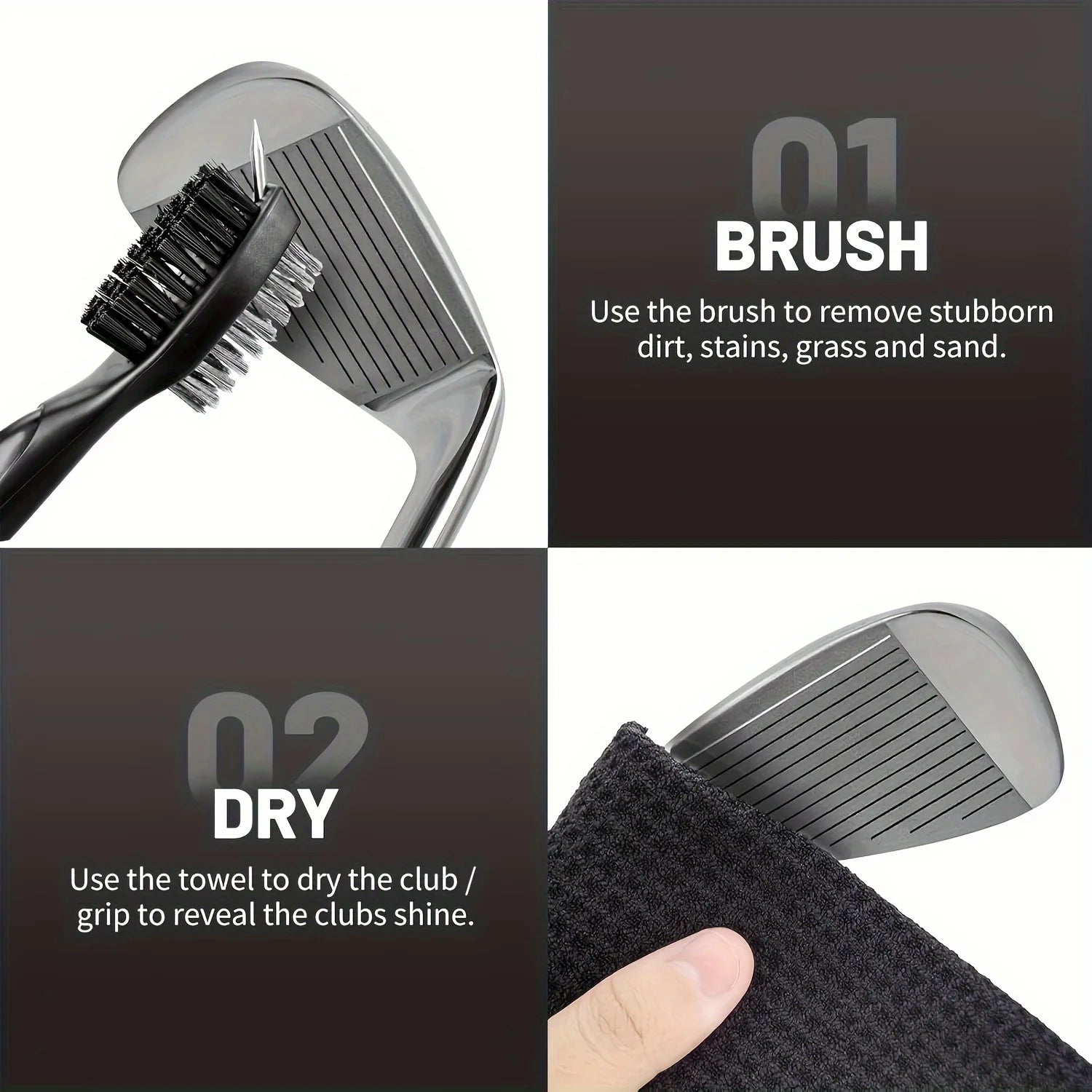 Premium Black Microfiber Golf Towel with Waffle Pattern | Includes Club Groove Cleaner Brush & Foldable Divot Repair Tool