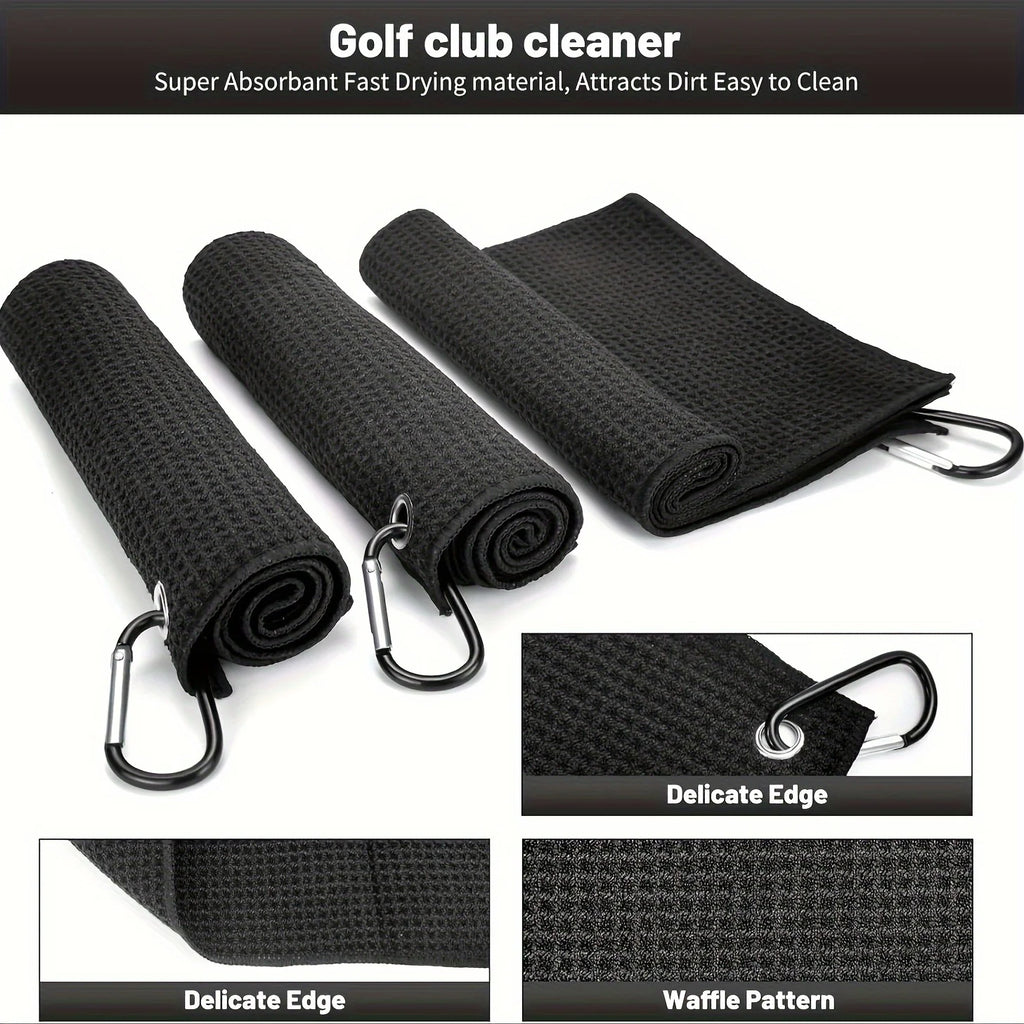 Premium Black Microfiber Golf Towel with Waffle Pattern | Includes Club Groove Cleaner Brush & Foldable Divot Repair Tool
