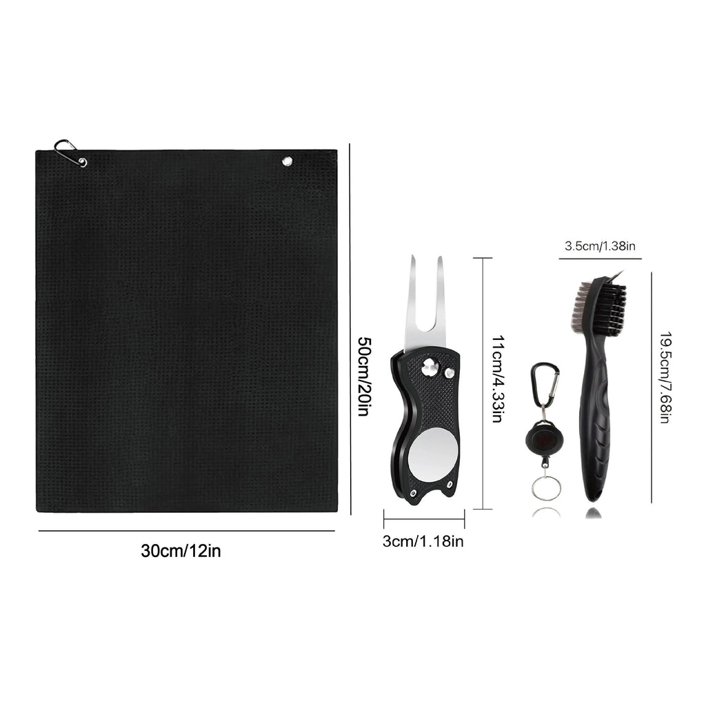 Premium Black Microfiber Golf Towel with Waffle Pattern | Includes Club Groove Cleaner Brush & Foldable Divot Repair Tool