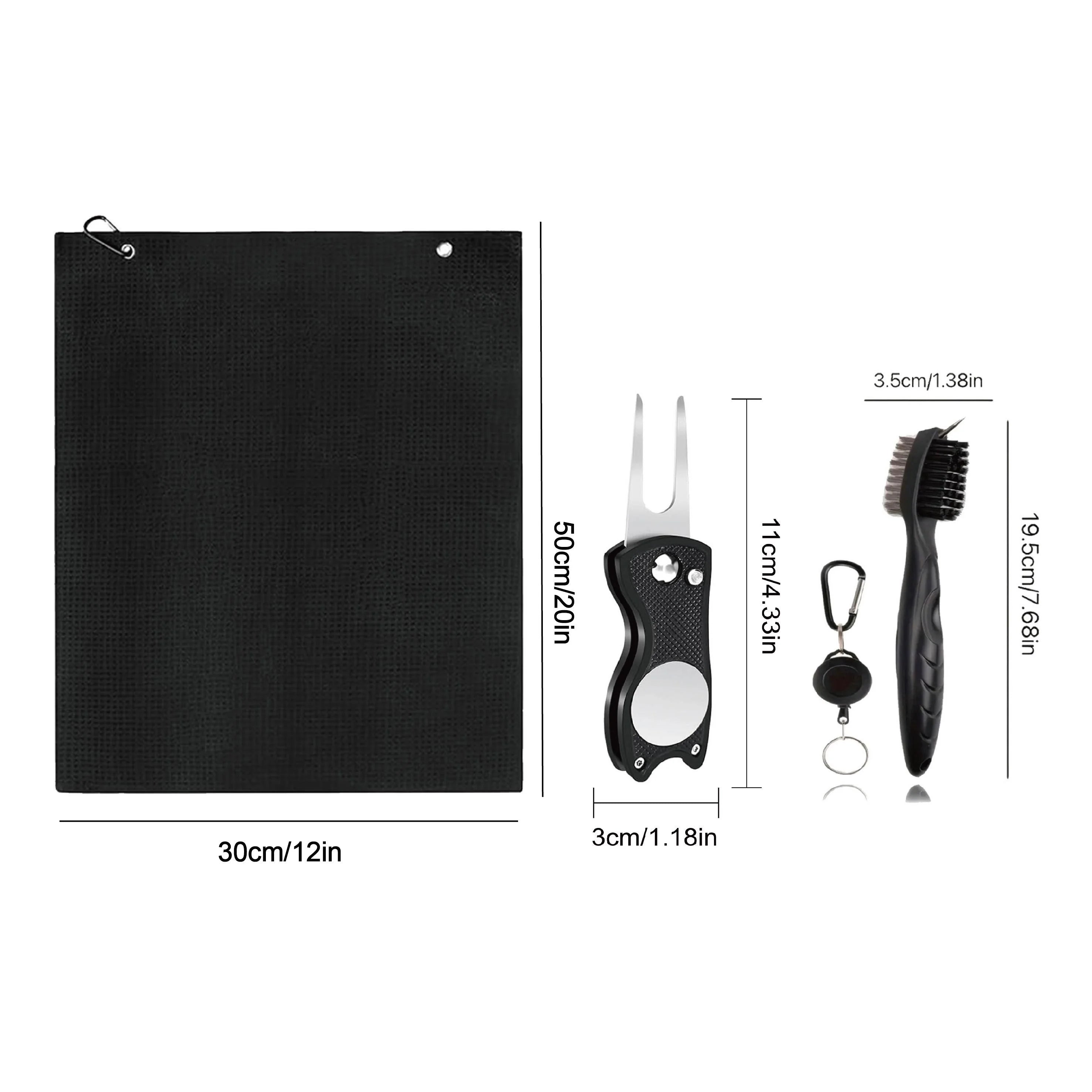 Premium Black Microfiber Golf Towel with Waffle Pattern | Includes Club Groove Cleaner Brush & Foldable Divot Repair Tool