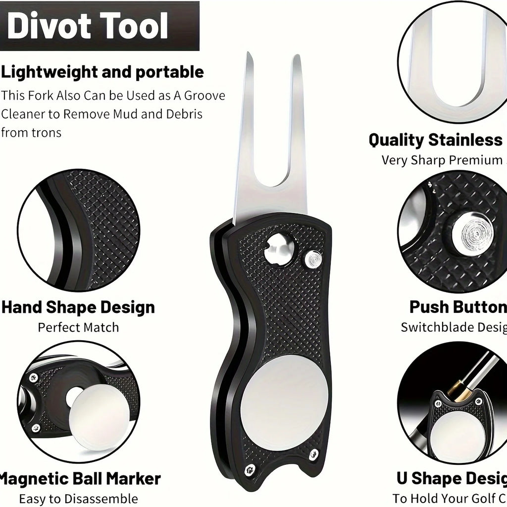 Premium Black Microfiber Golf Towel with Waffle Pattern | Includes Club Groove Cleaner Brush & Foldable Divot Repair Tool