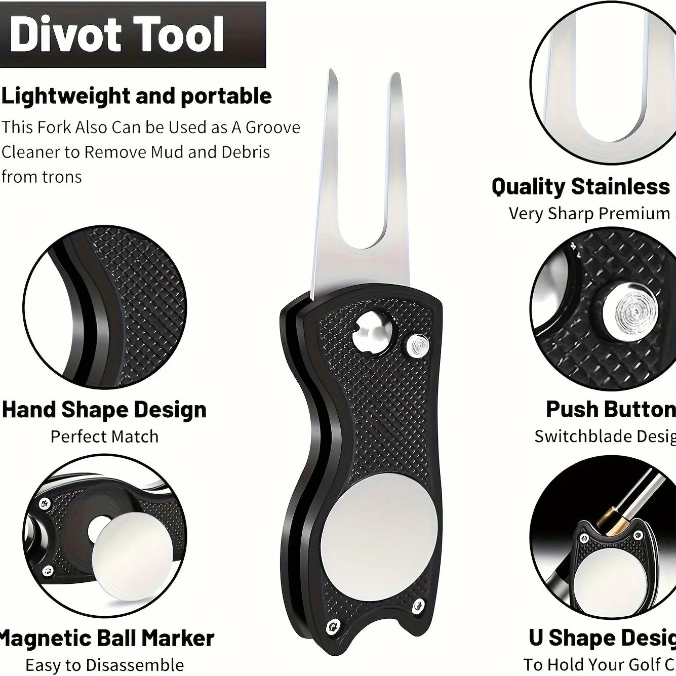 Premium Black Microfiber Golf Towel with Waffle Pattern | Includes Club Groove Cleaner Brush & Foldable Divot Repair Tool