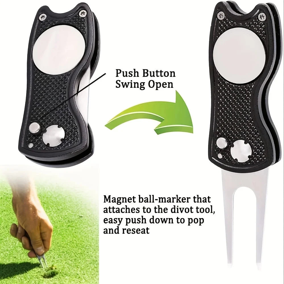 Premium Black Microfiber Golf Towel with Waffle Pattern | Includes Club Groove Cleaner Brush & Foldable Divot Repair Tool