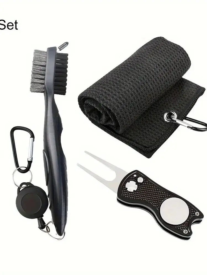 Premium Black Microfiber Golf Towel with Waffle Pattern | Includes Club Groove Cleaner Brush & Foldable Divot Repair Tool
